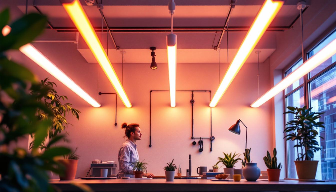 A photograph of a well-lit workspace featuring 8-foot fluorescent light tubes installed in various fixture types