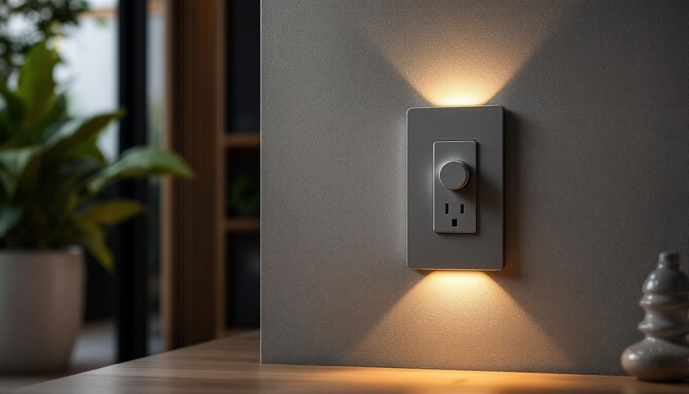 A photograph of a modern 15 amp light switch installed in a stylish