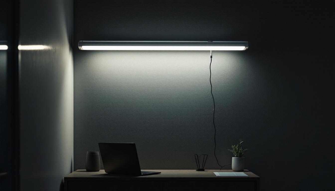 A photograph of a t11 fluorescent tube illuminating a modern workspace