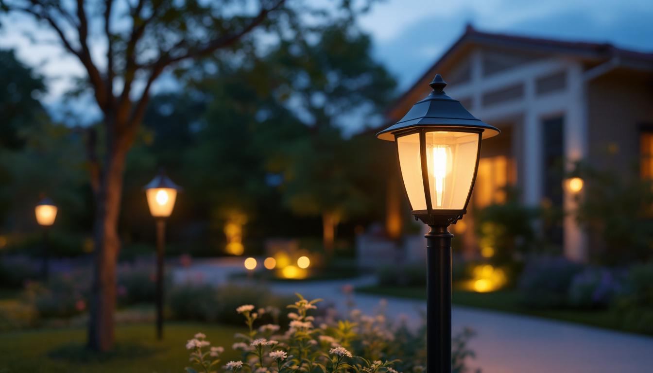 A photograph of a beautifully designed outdoor lighting fixture in a serene evening setting