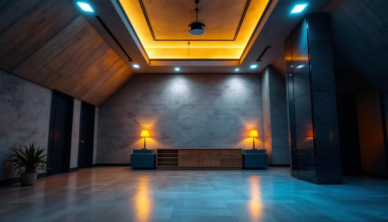 A photograph of a beautifully designed room with angled ceilings featuring recessed lighting
