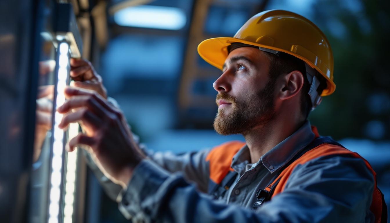 A photograph of a skilled engineer inspecting or installing energy-efficient led light fixtures in an outdoor setting