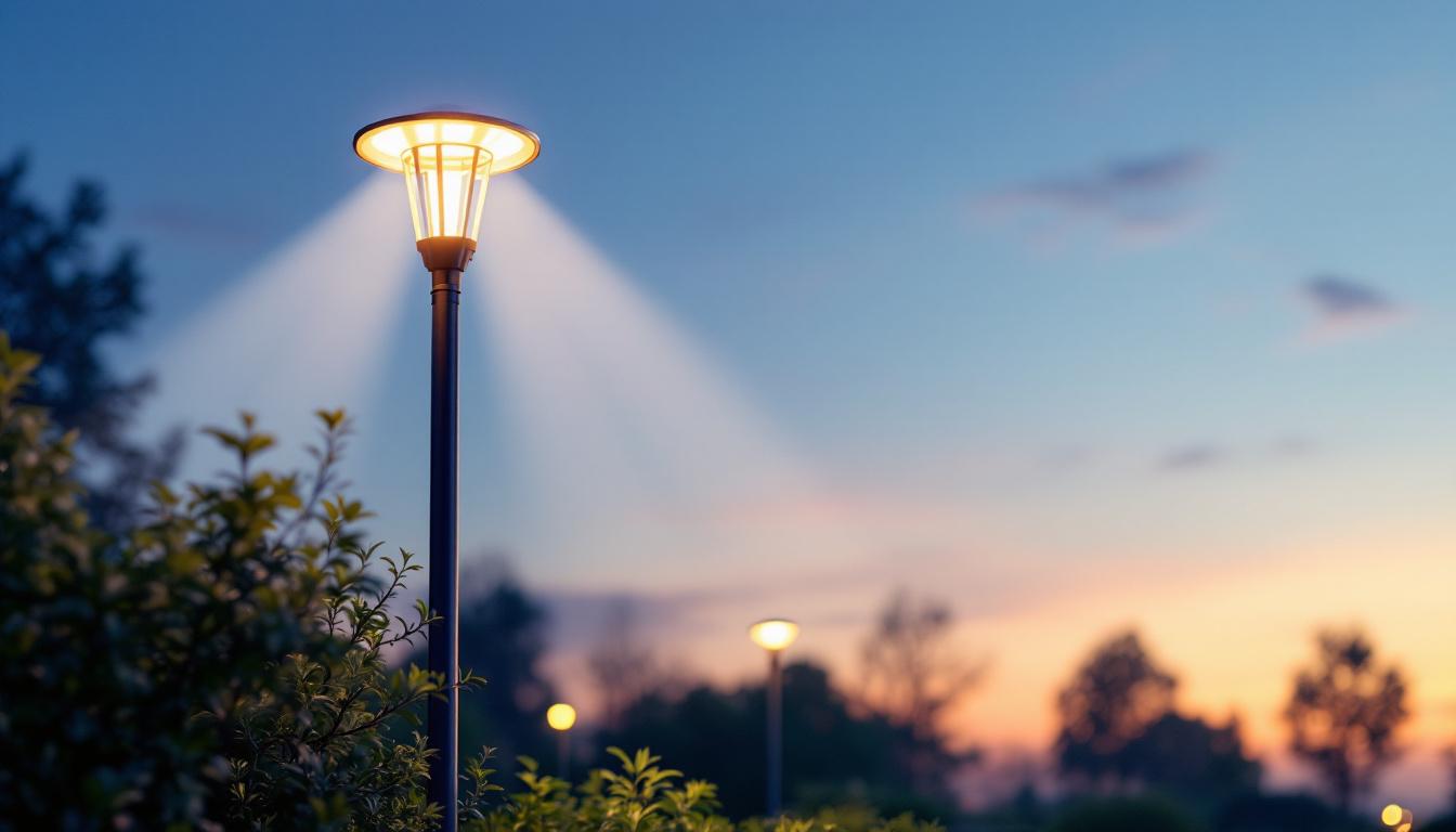 A photograph of a well-designed outdoor lighting pole lamp in a landscaped setting during twilight