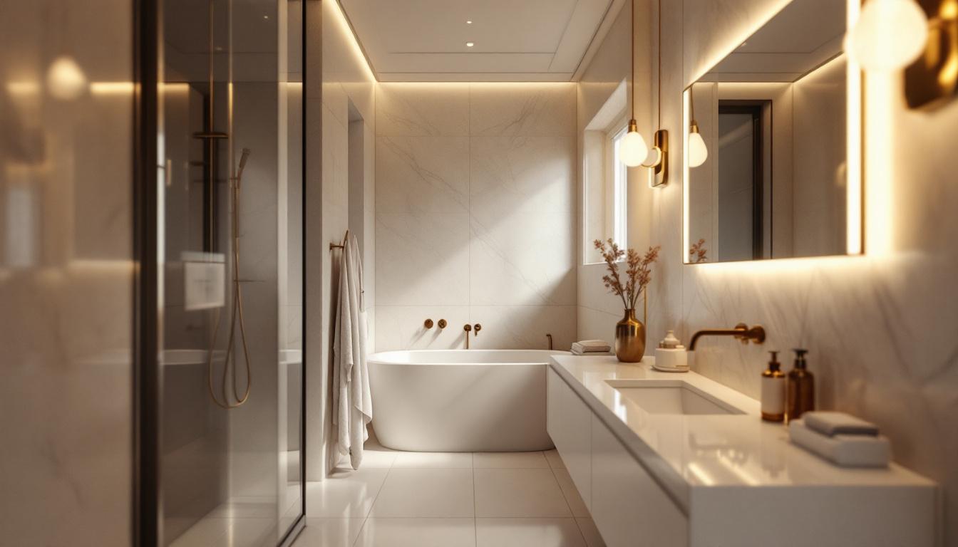 A photograph of a beautifully designed white bathroom featuring elegant light fixtures that illuminate the space