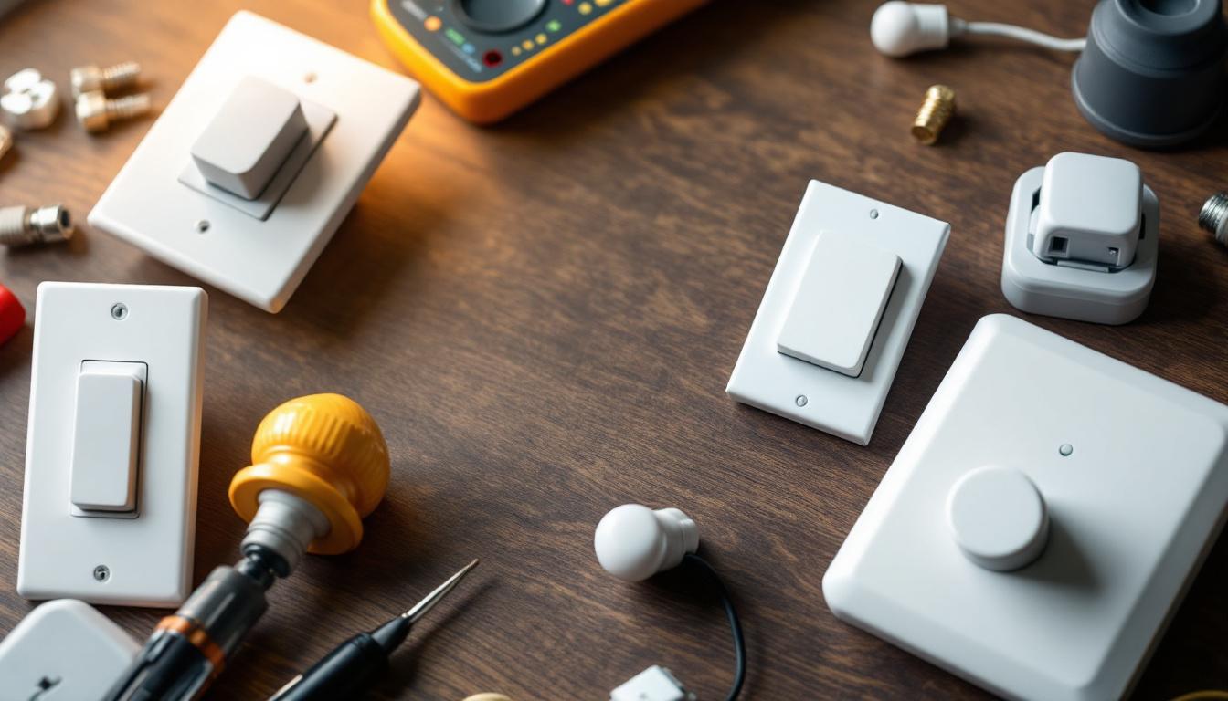 A photograph of a close-up shot of various lamp switch types
