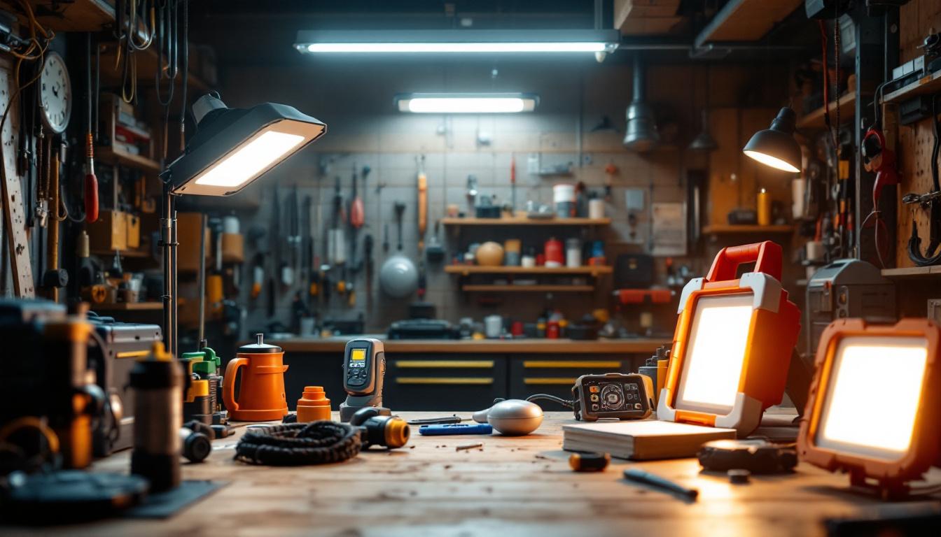 A photograph of a well-lit garage workspace showcasing various led shop lights in action
