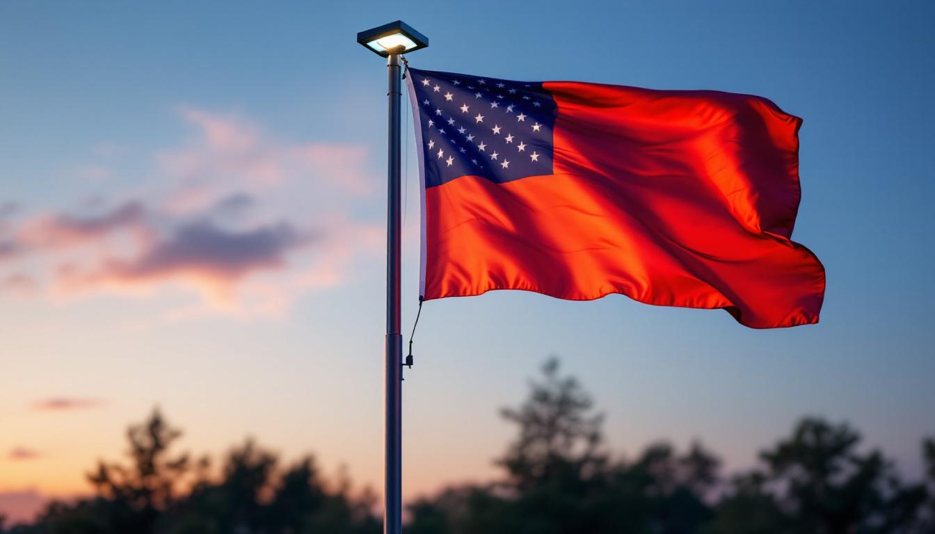 A photograph of a flagpole illuminated by a solar led light at dusk