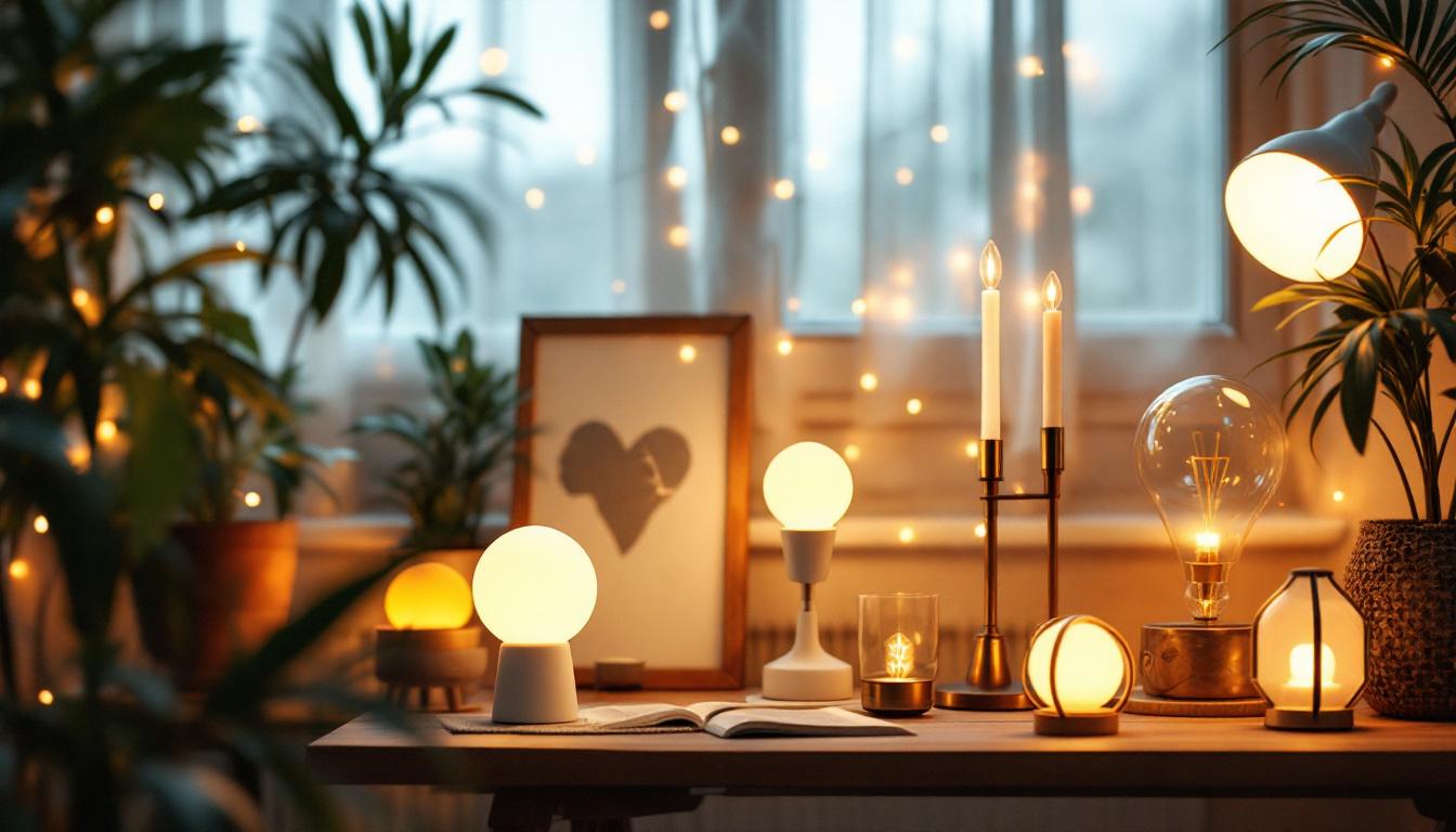A photograph of a stylishly arranged setup featuring various decorative led lamps in a cozy