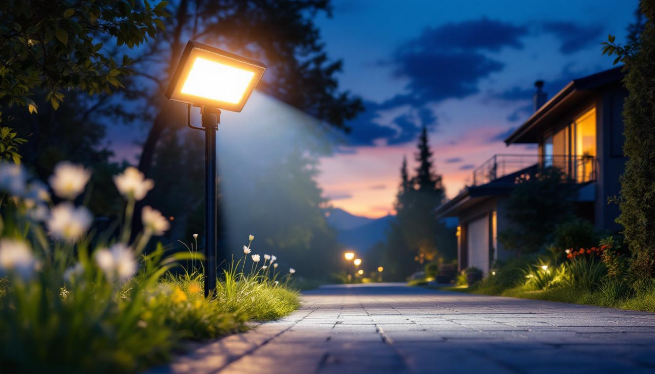 A photograph of a vibrant outdoor scene illuminated by a bright led solar flood light at dusk