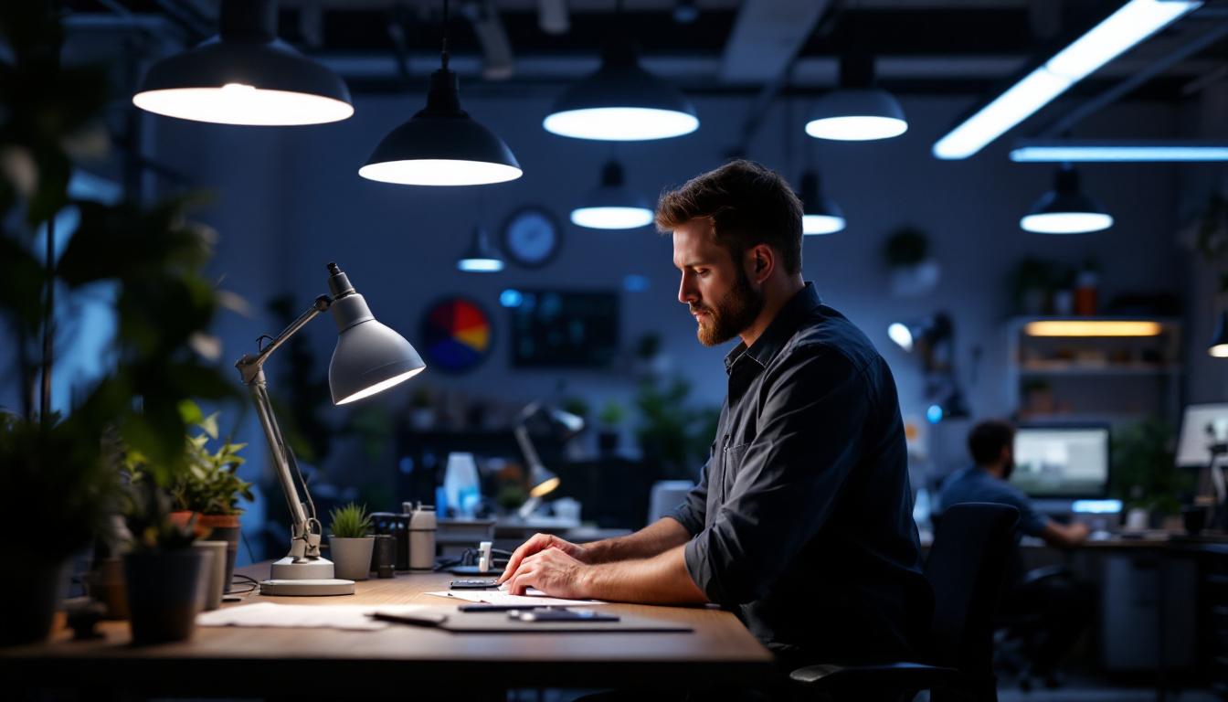 A photograph of a well-lit engineering workspace featuring a variety of dimmable lighting fixtures