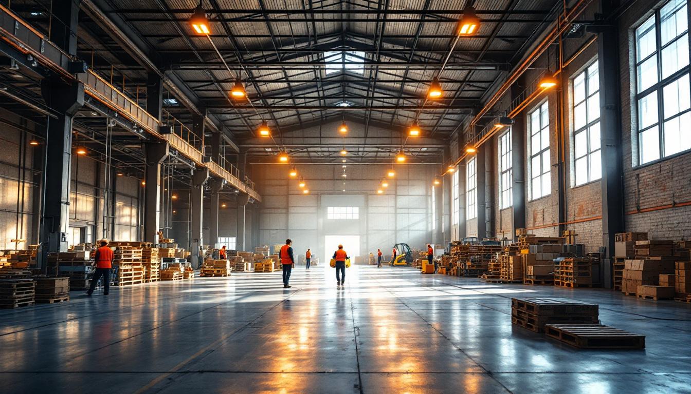 A photograph of a well-designed warehouse interior showcasing innovative lighting solutions