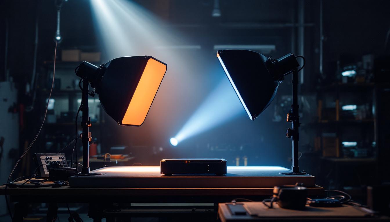 A photograph of a high-intensity lighting setup in an engineering workshop