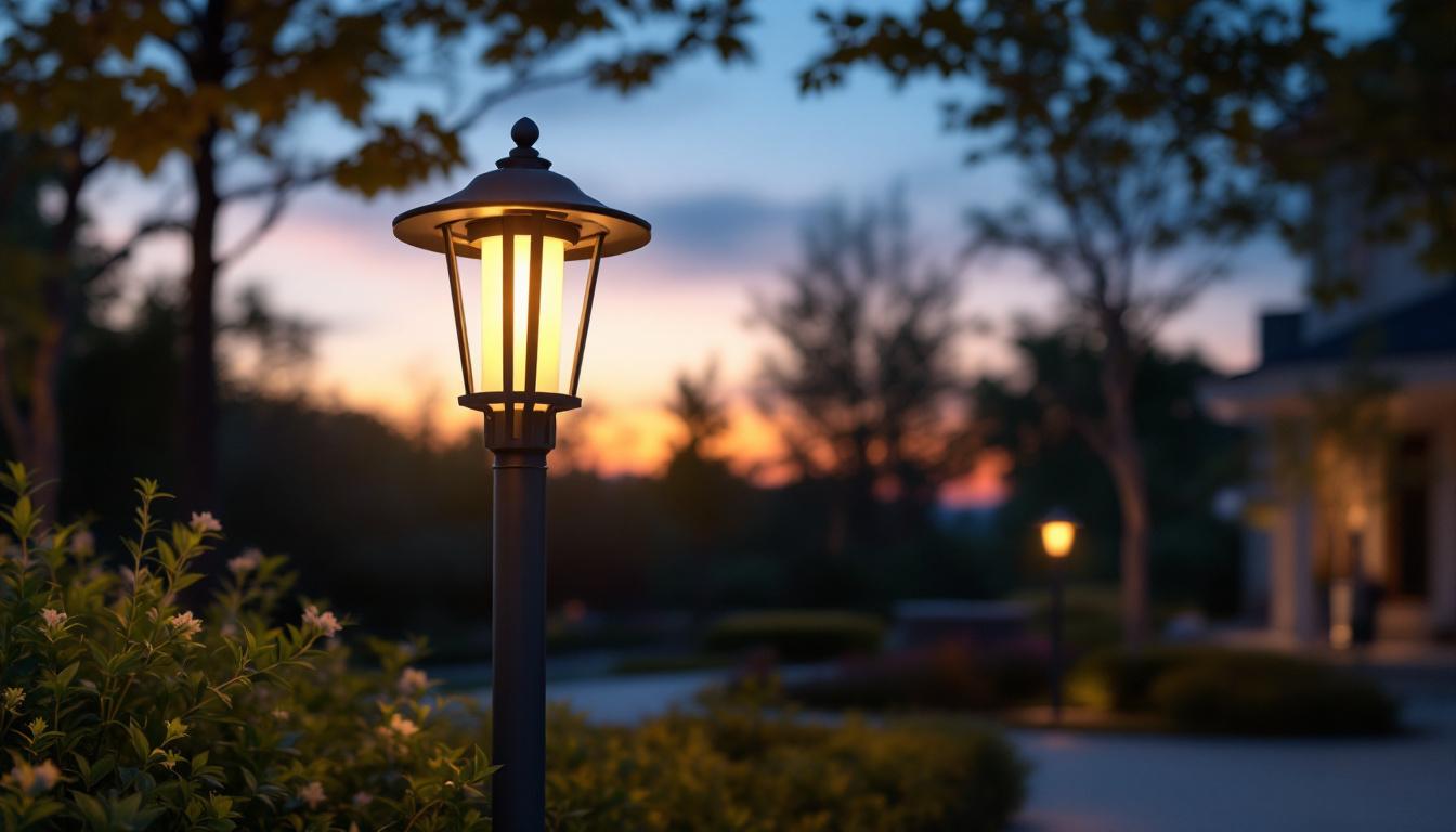 A photograph of a beautifully designed exterior post light illuminating a well-landscaped outdoor space during twilight