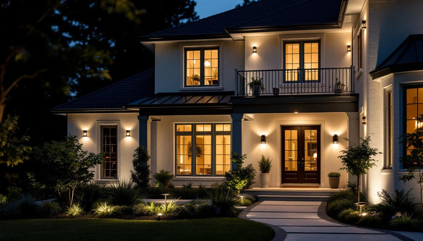 A photograph of a beautifully illuminated home exterior at dusk