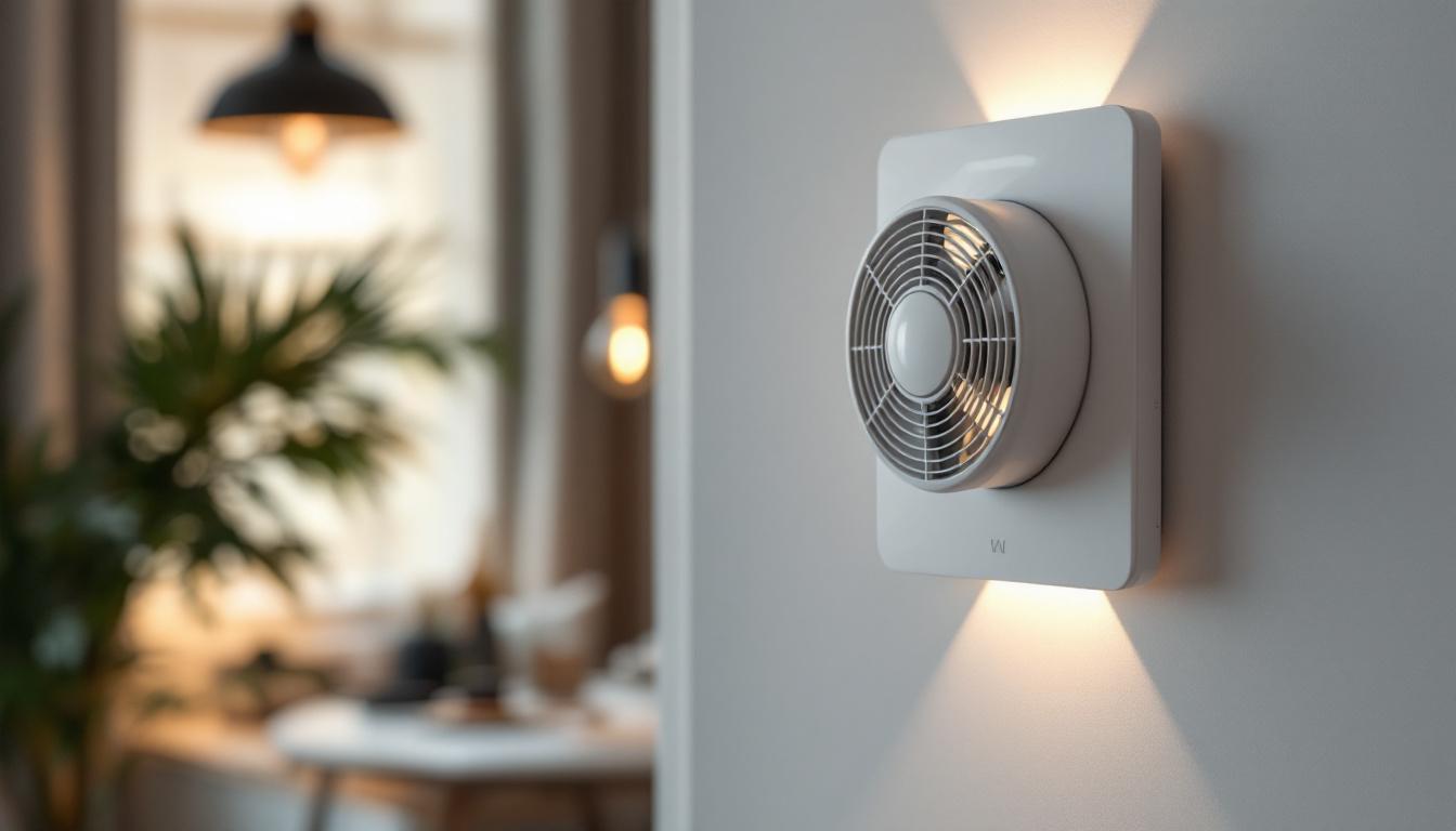 A photograph of a modern humidity fan switch installed in a stylish home environment