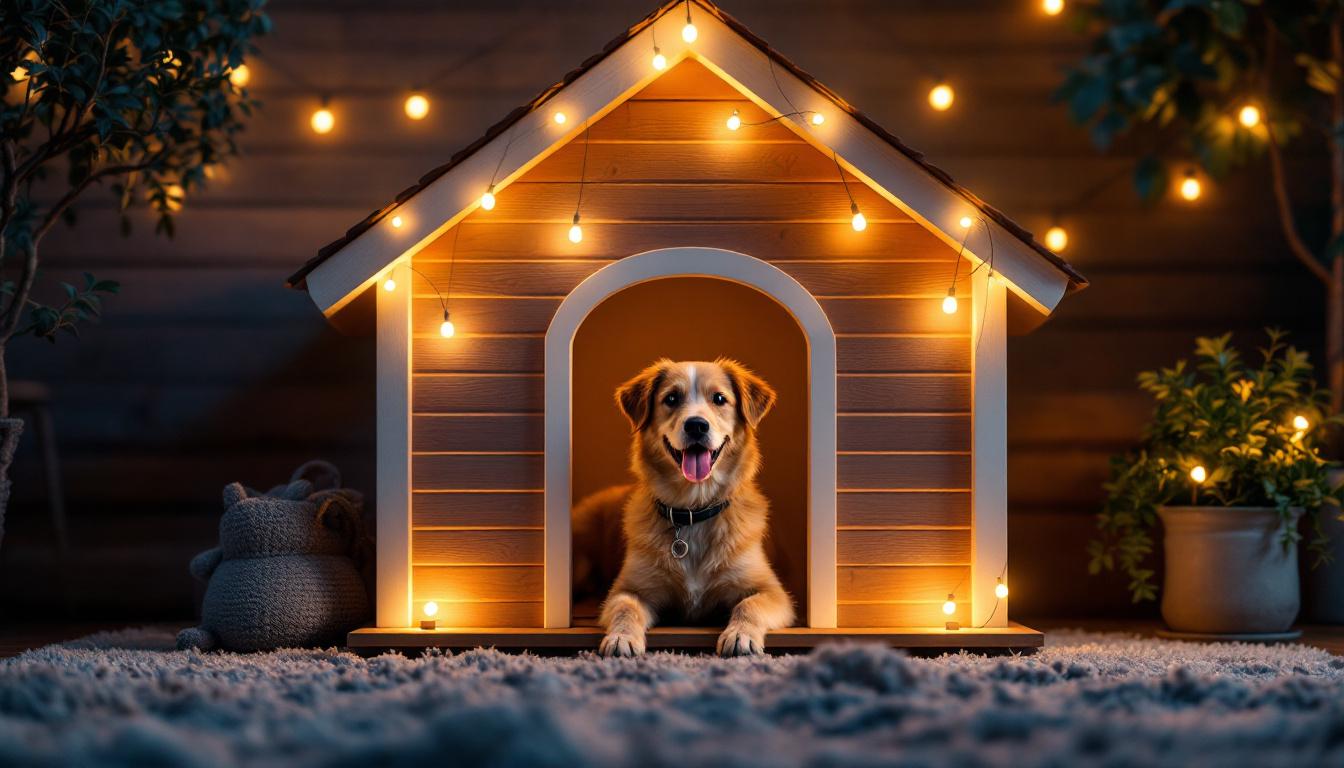 A photograph of a well-designed dog house illuminated by warm
