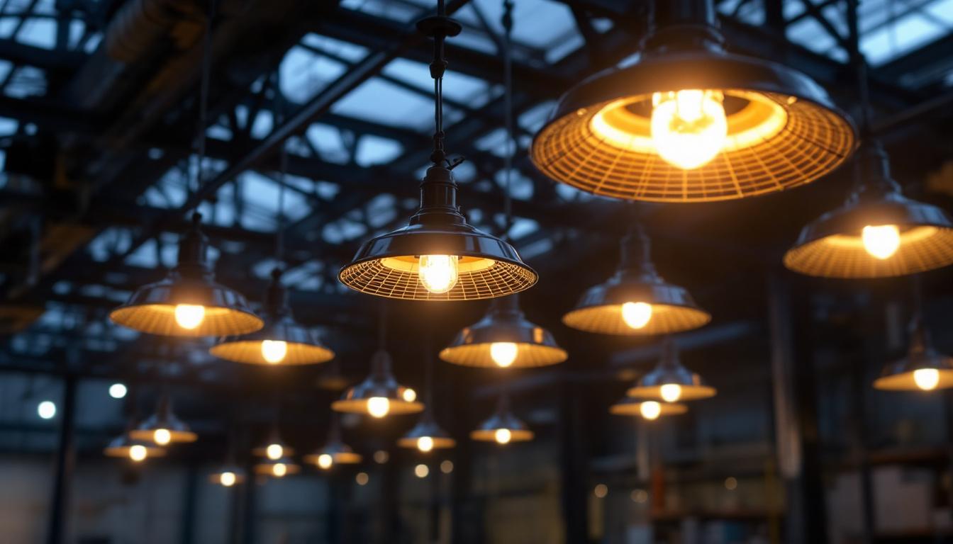 A photograph of a large-scale lighting installation featuring halogen lamp fixtures in an industrial or outdoor setting