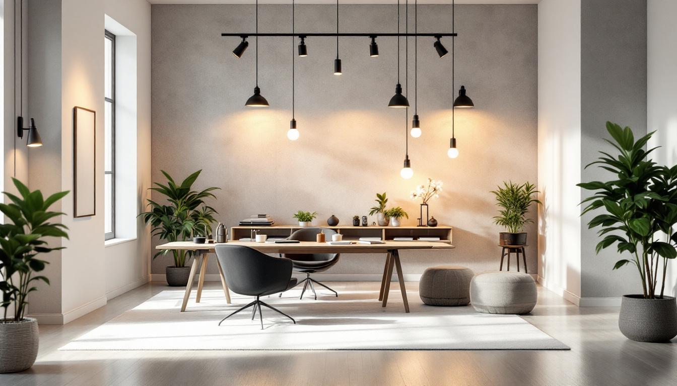 A photograph of a well-lit interior space showcasing various lighting fixtures and their effects on the environment