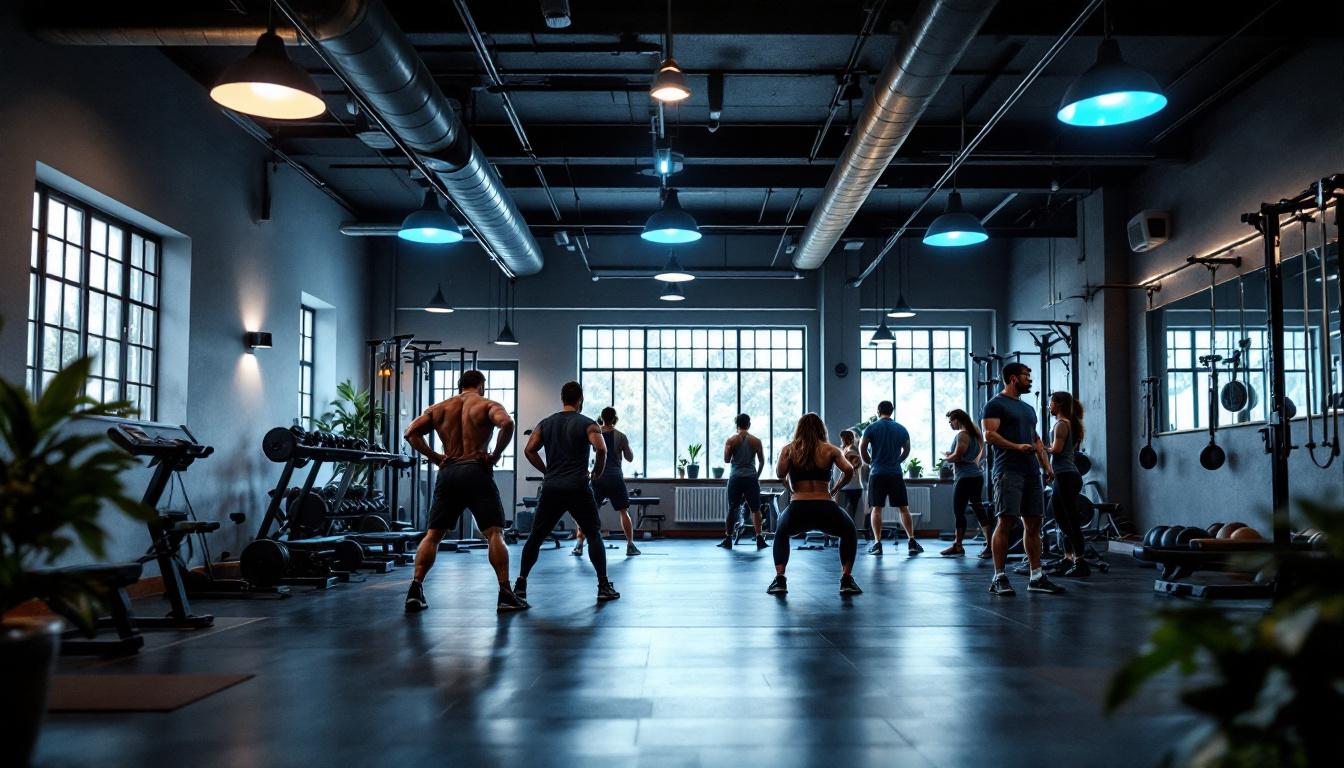 A photograph of a well-lit gym environment showcasing various types of gym lighting