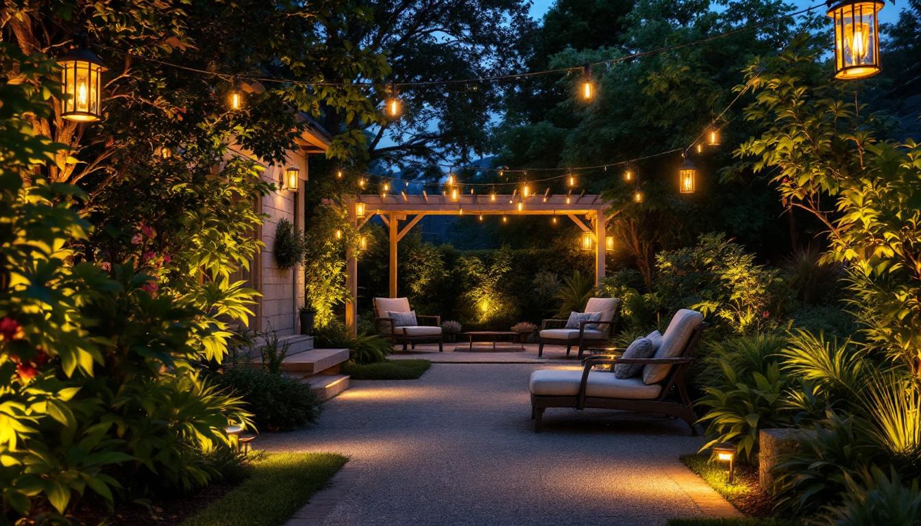 A photograph of a beautifully illuminated outdoor space at dusk