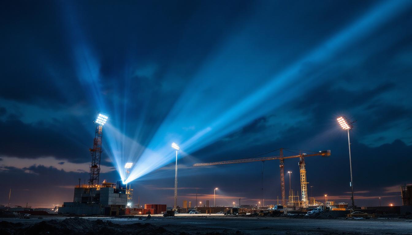 A photograph of a construction site at dusk