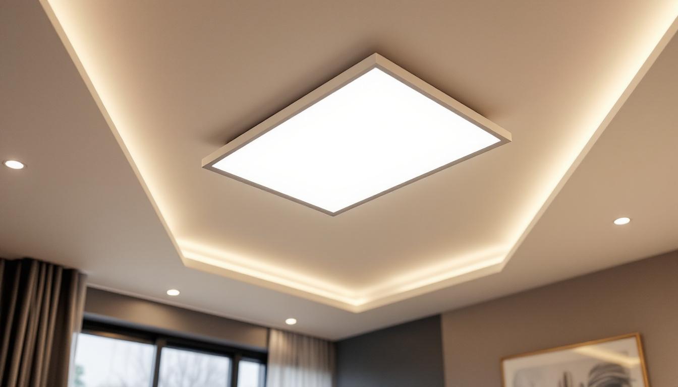 A photograph of a stylish ceiling panel light installed in a modern interior setting