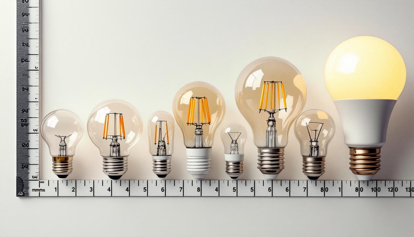 A photograph of a variety of light bulbs with different base sizes displayed alongside a measuring tape or ruler