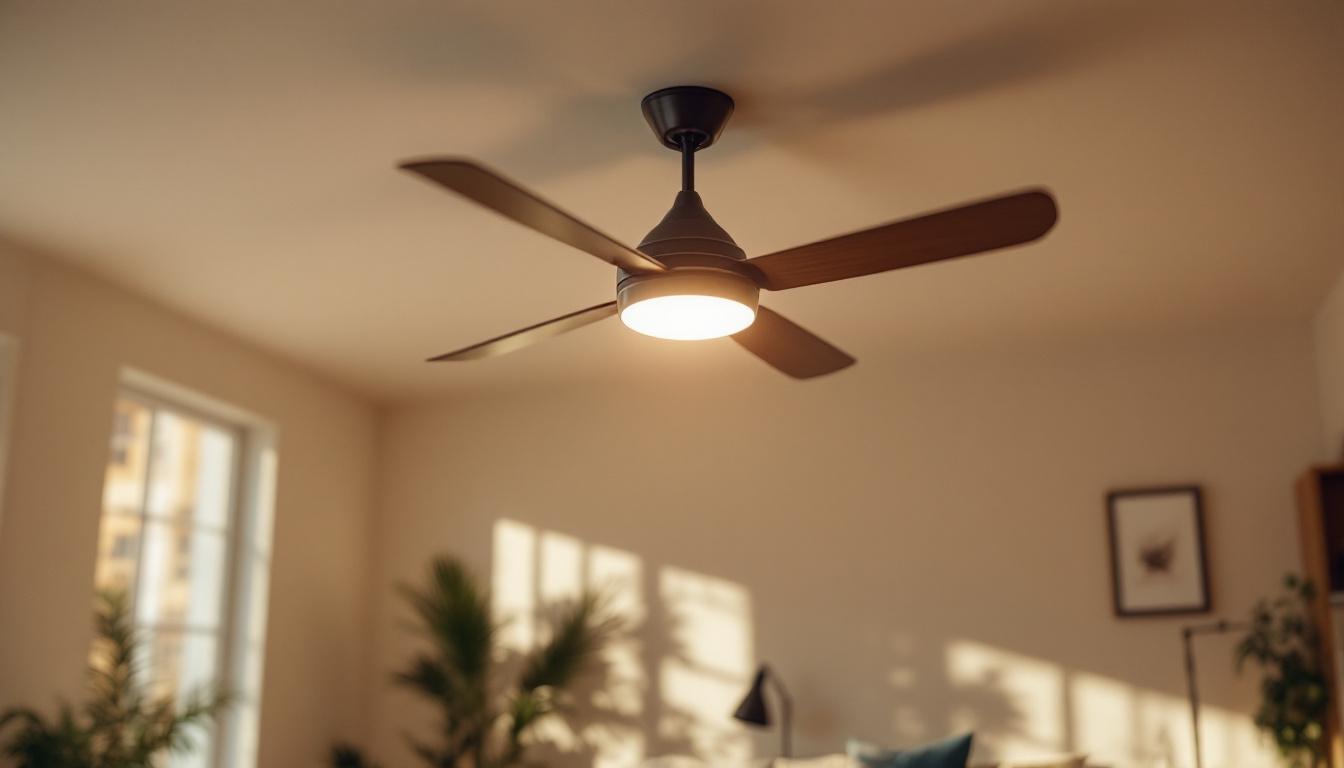 A photograph of a ceiling fan with an integrated light fixture illuminated in a well-decorated room