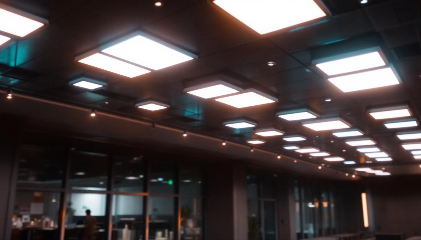 A photograph of a spacious interior or exterior setting featuring multiple square led can lights in action