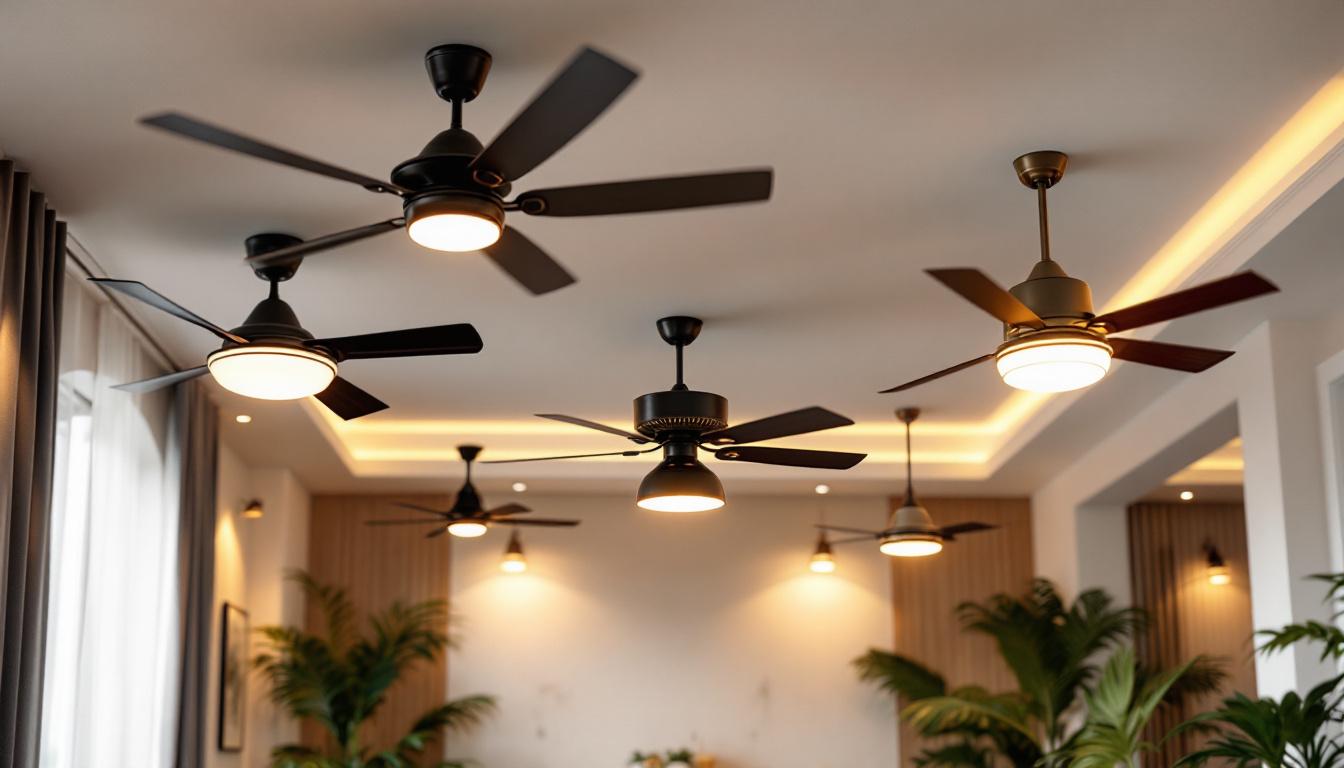 A photograph of a well-lit interior space showcasing various stylish ceiling fans in different price ranges