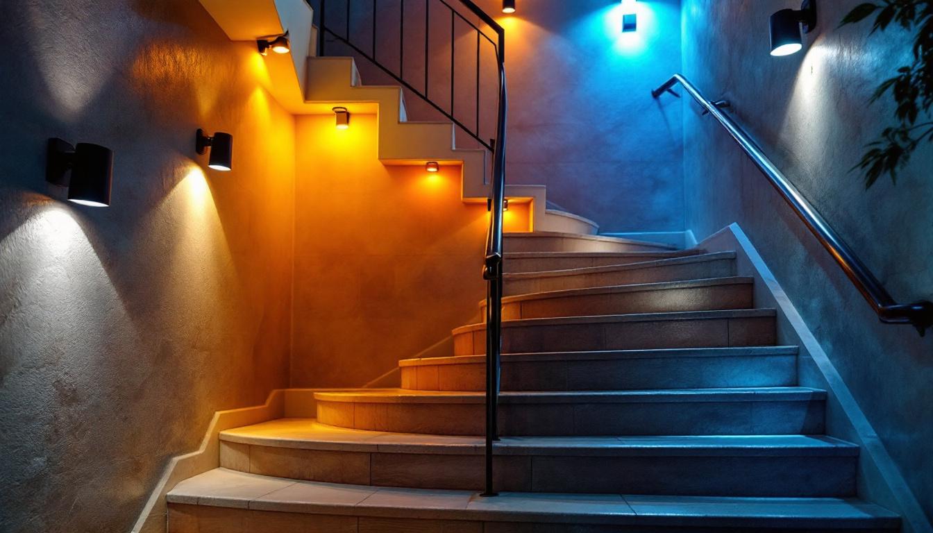 A photograph of a beautifully illuminated staircase featuring various lighting options