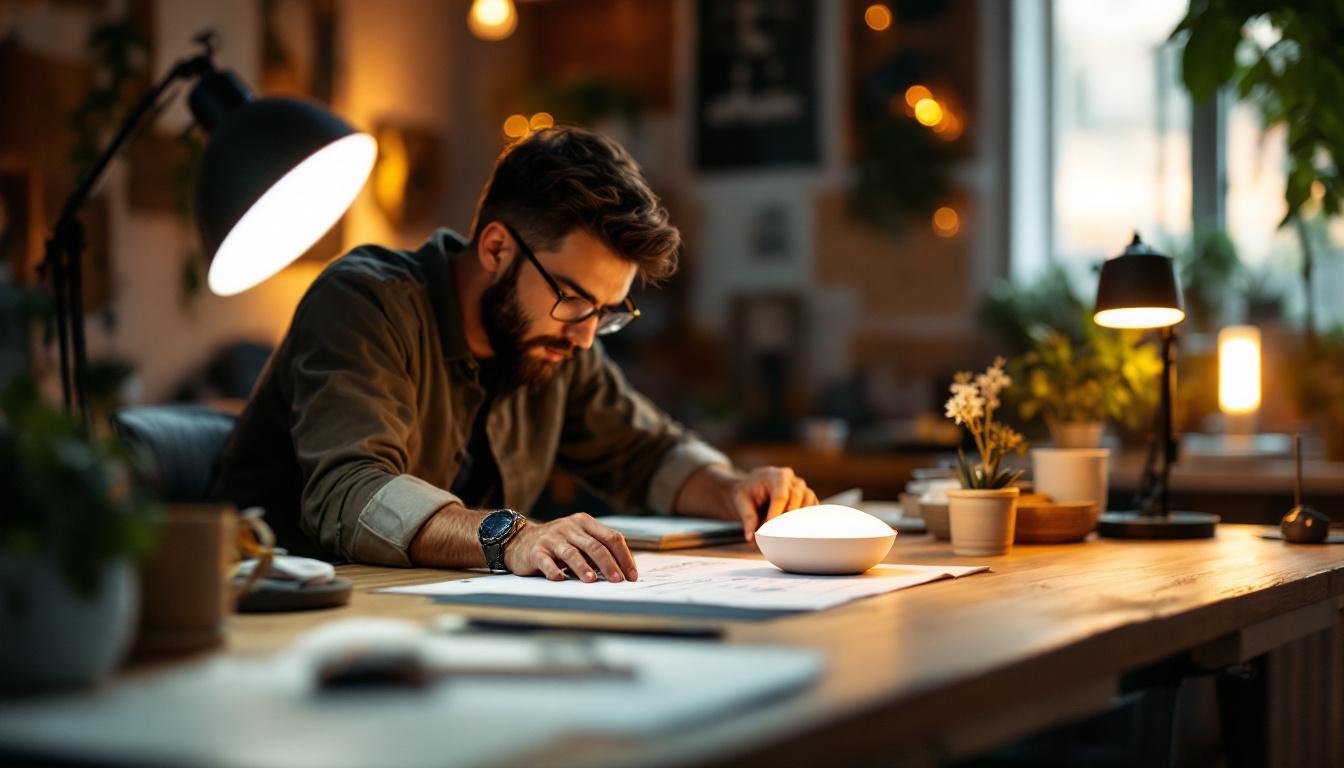 A photograph of a well-lit workspace showcasing a lotus led light in action