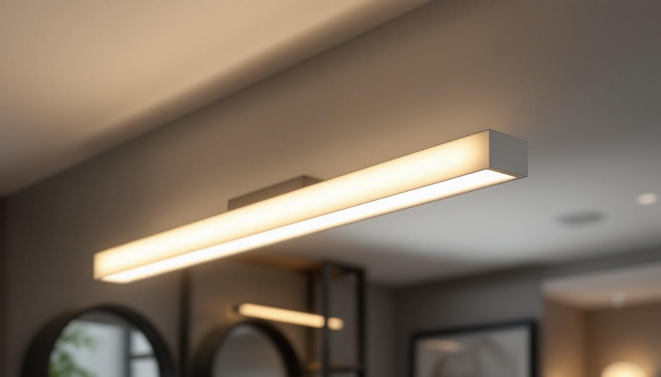 A photograph of a beautifully designed long flush mount light fixture installed in a modern interior setting