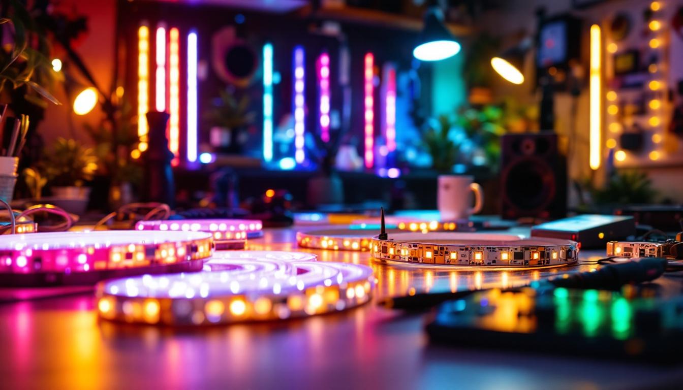 A photograph of a well-lit workspace featuring a variety of colorful led strips neatly arranged alongside tools and equipment used by lighting engineers