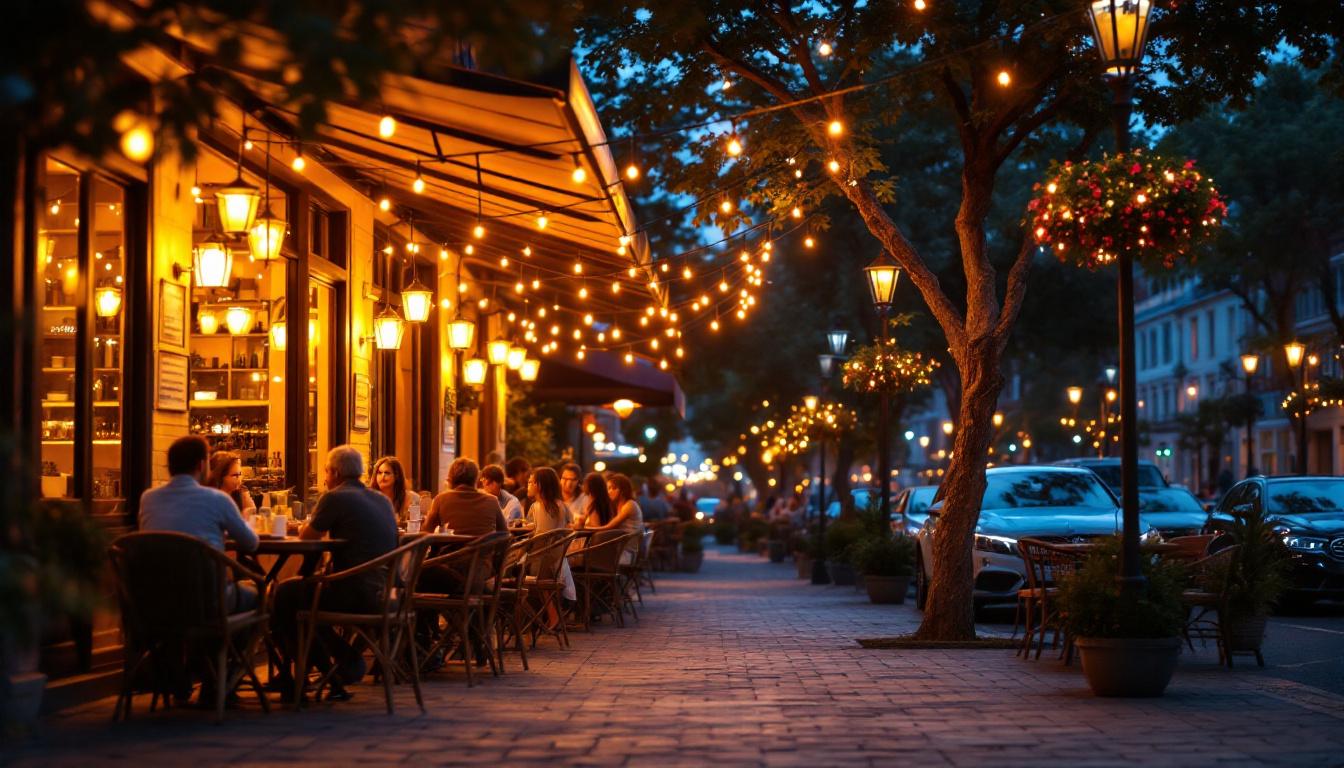 A photograph of a beautifully illuminated outdoor cafe scene at dusk