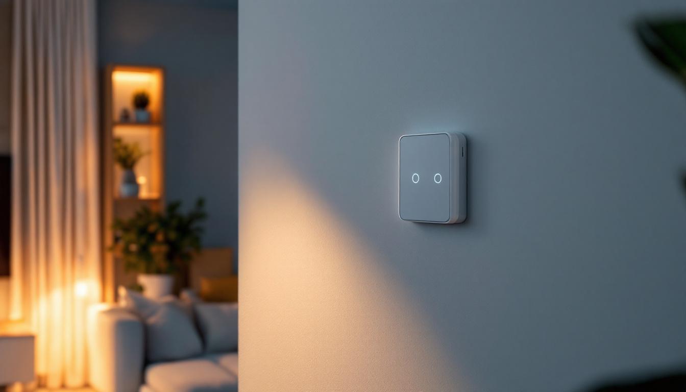 A photograph of a modern living space featuring a stylish motion sensor light switch in action