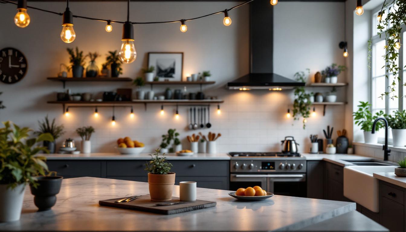 A photograph of a beautifully designed kitchen illuminated by stylish string lights