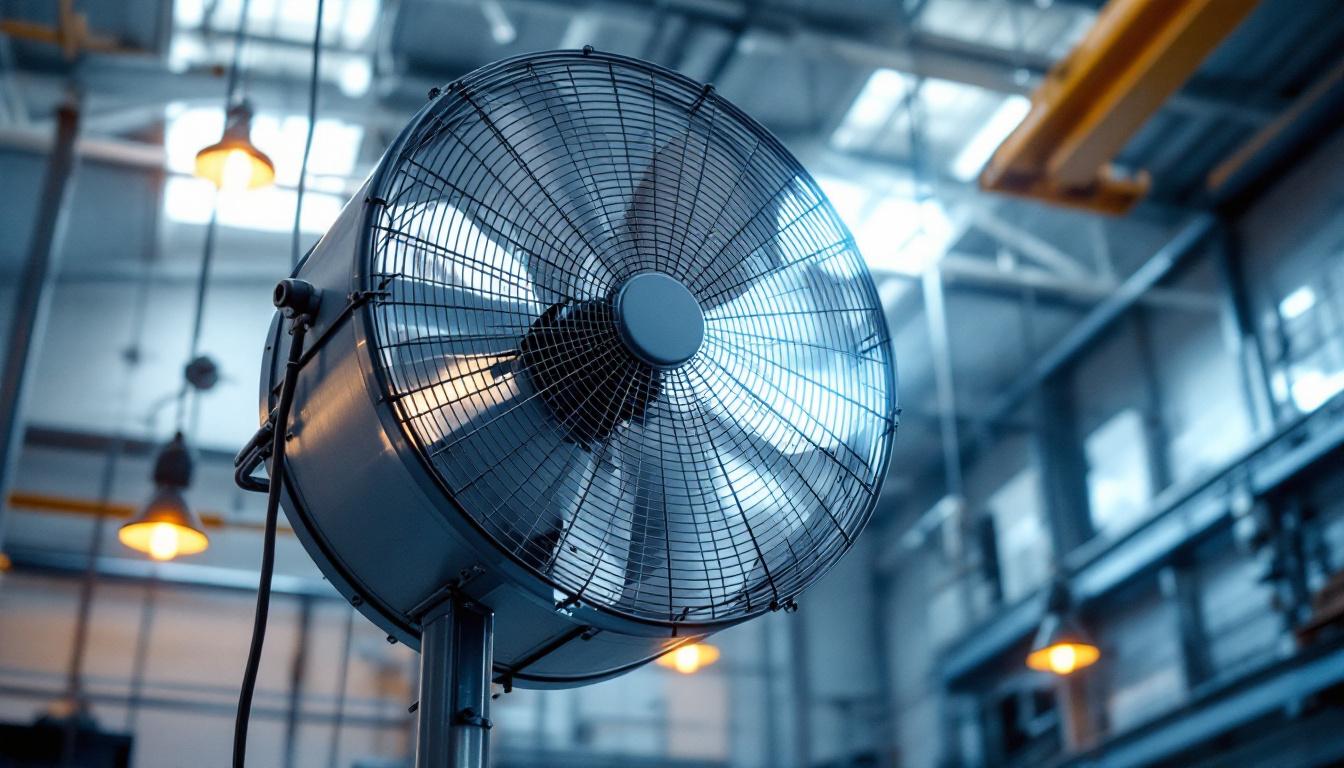 A photograph of a large commercial fan installed in a well-lit industrial space