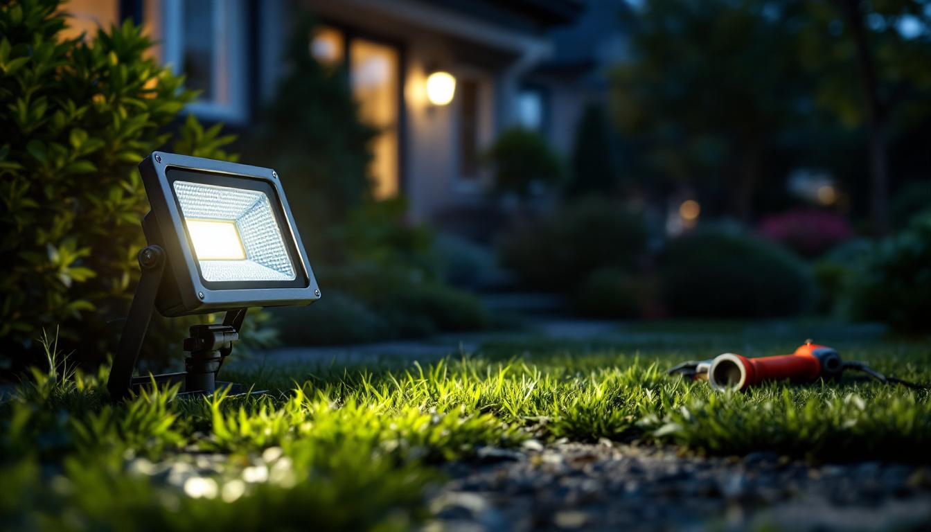 A photograph of a vibrant led floodlight illuminating a well-maintained outdoor space