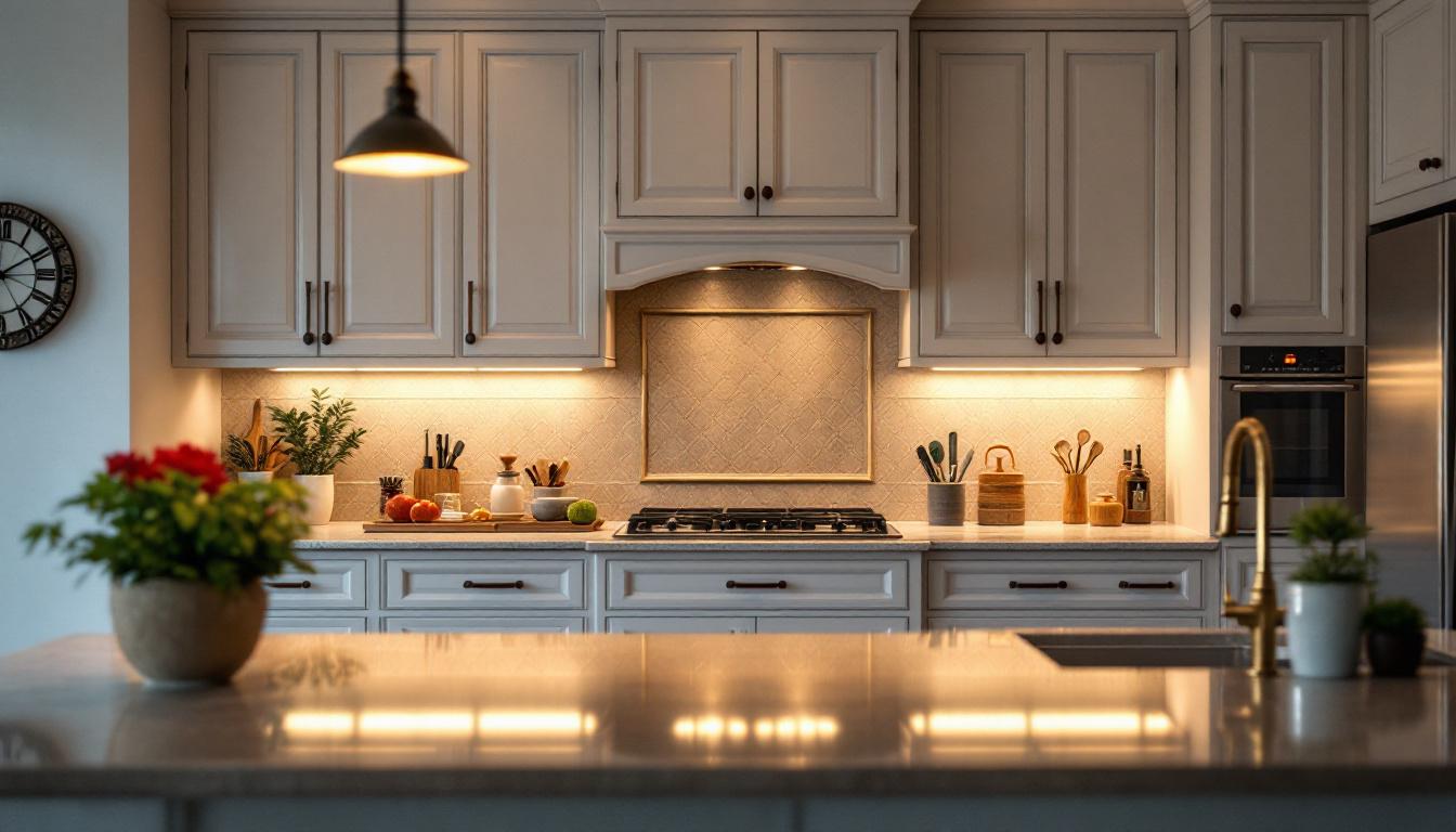A photograph of a beautifully designed kitchen featuring various under cabinet lighting fixtures in action