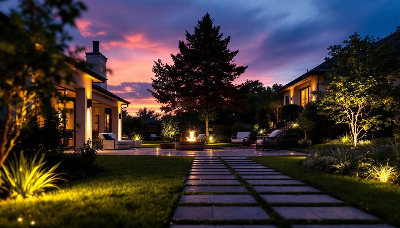 A photograph of a beautifully illuminated outdoor space featuring various led lighting installations
