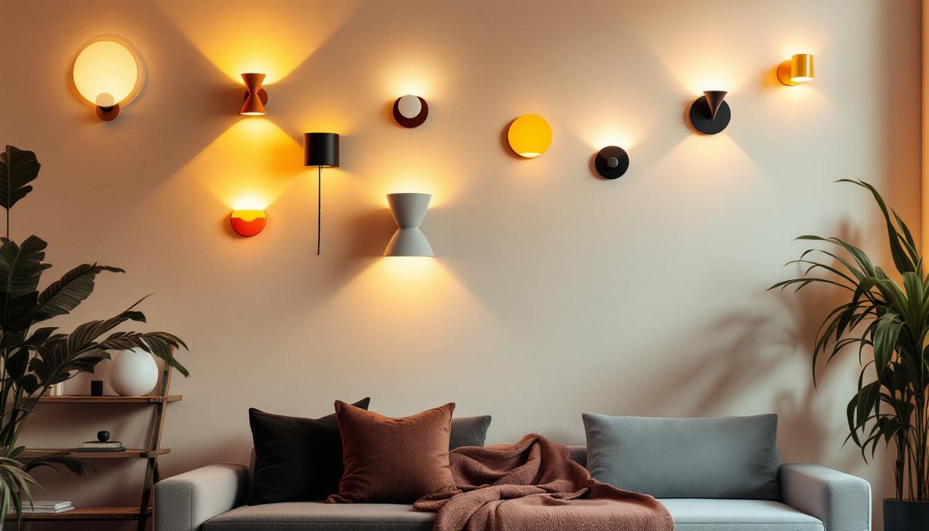 A photograph of a stylishly designed room featuring a variety of funky wall sconces in use