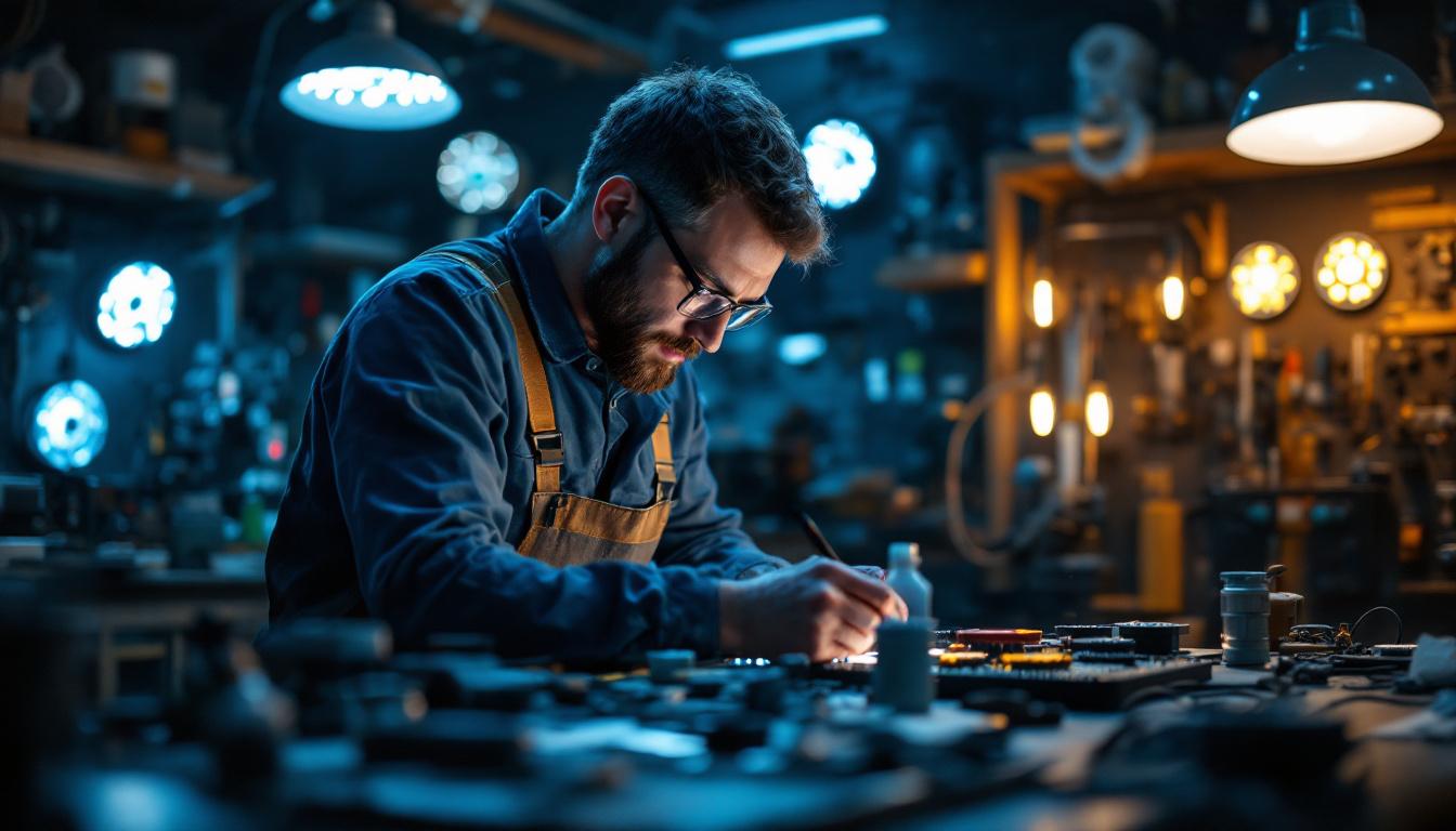 A photograph of a skilled electrical engineer working on a lighting project