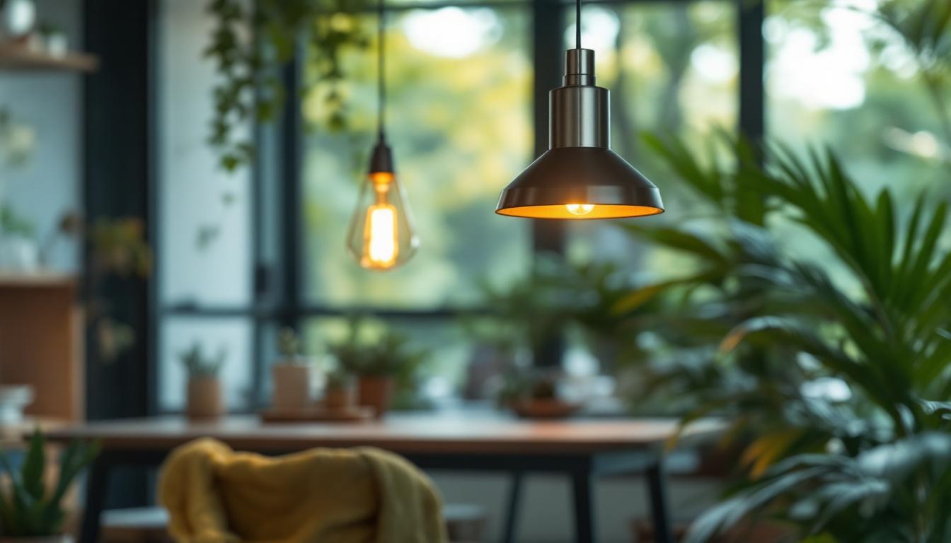 A photograph of a stylish stainless steel pendant light hanging in a modern