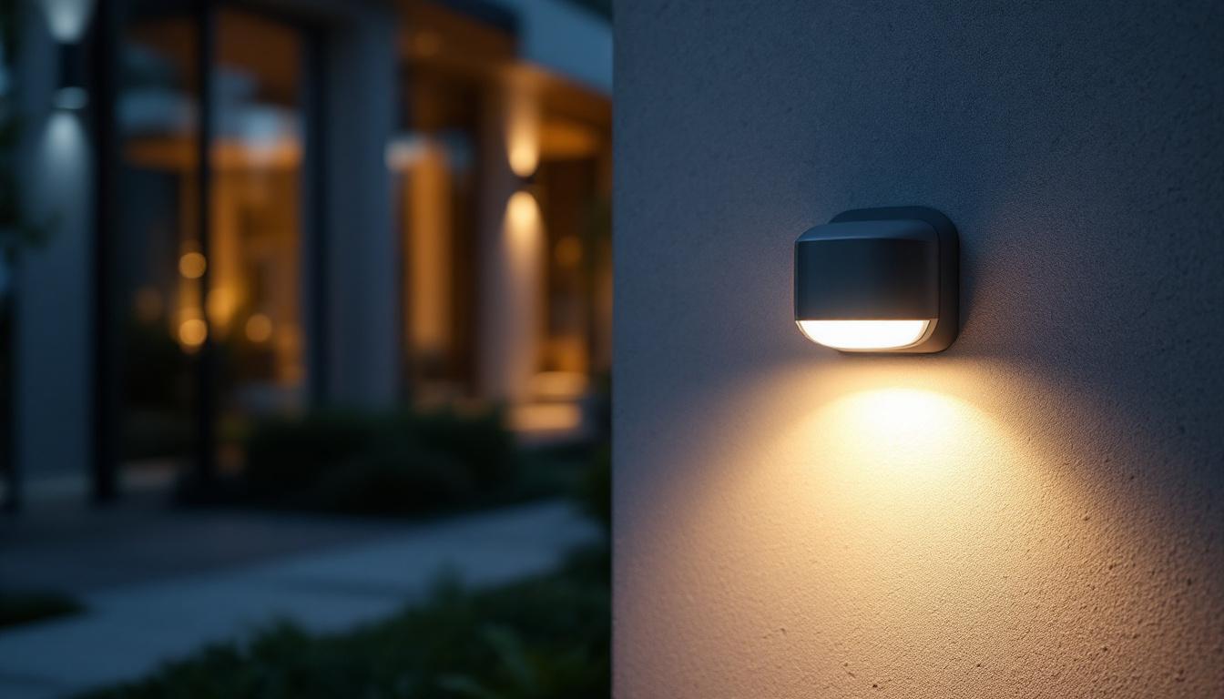 A photograph of a well-lit outdoor space featuring a motion detector in action