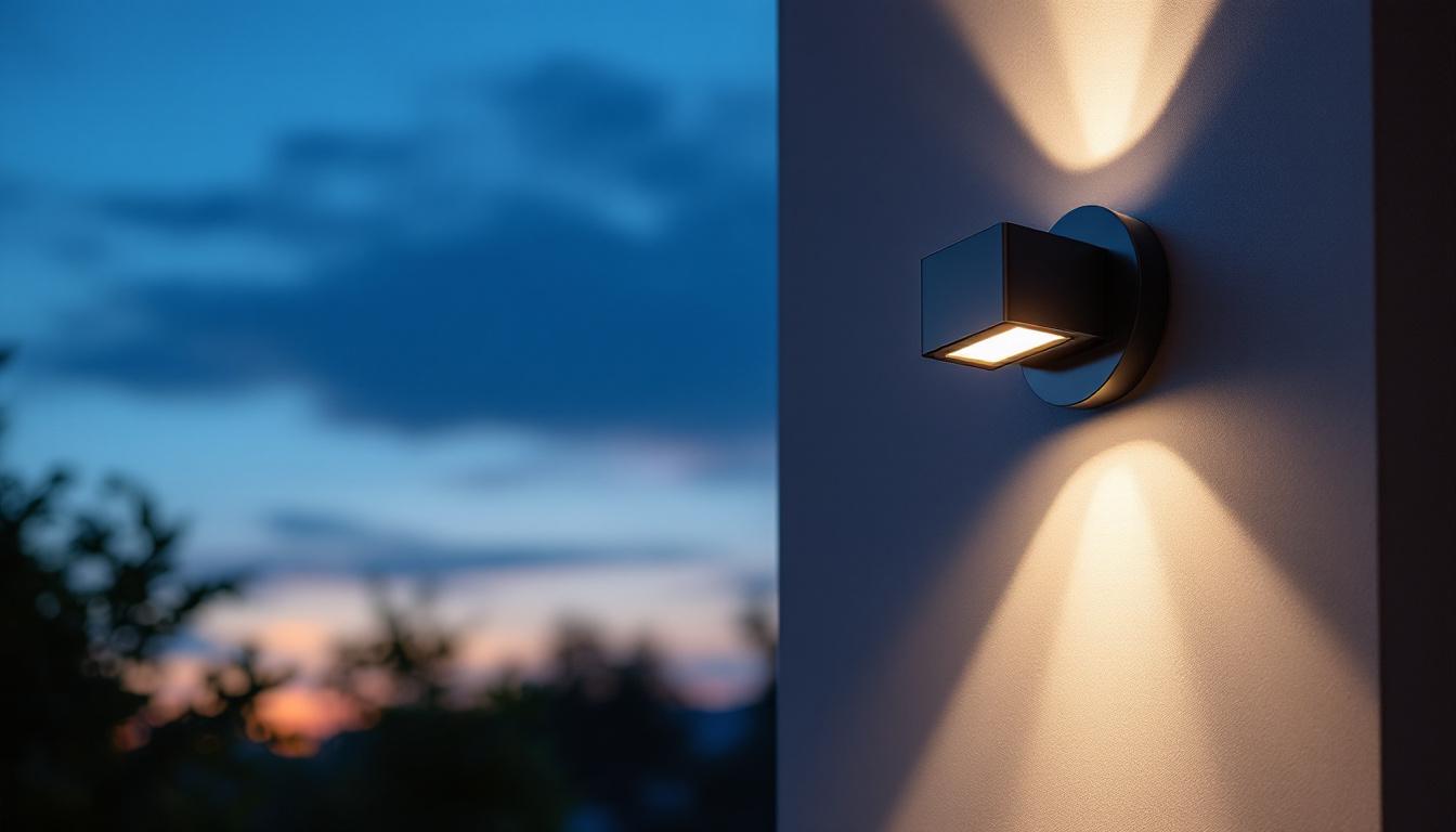 A photograph of a sleek and modern flush mount outdoor light installed on a stylish exterior wall