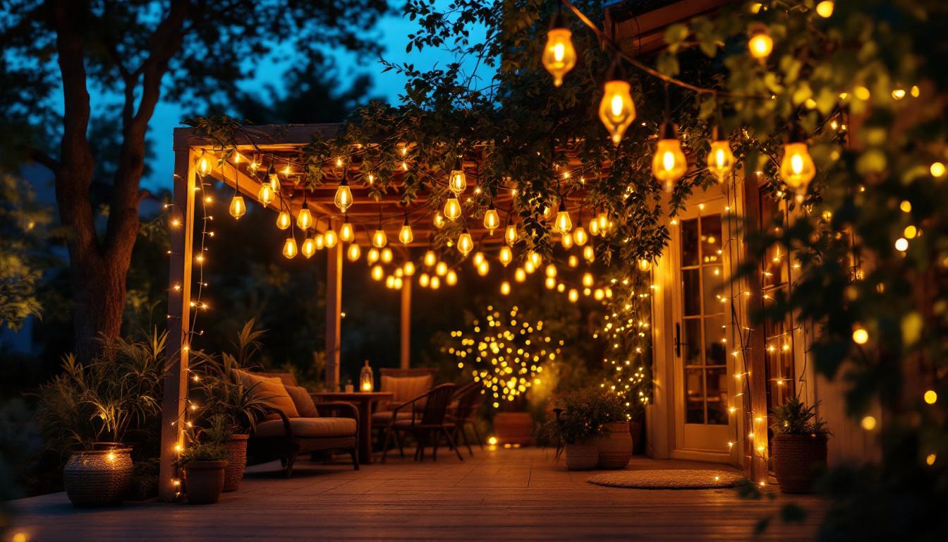 A photograph of a beautifully lit outdoor space adorned with string canopy lights