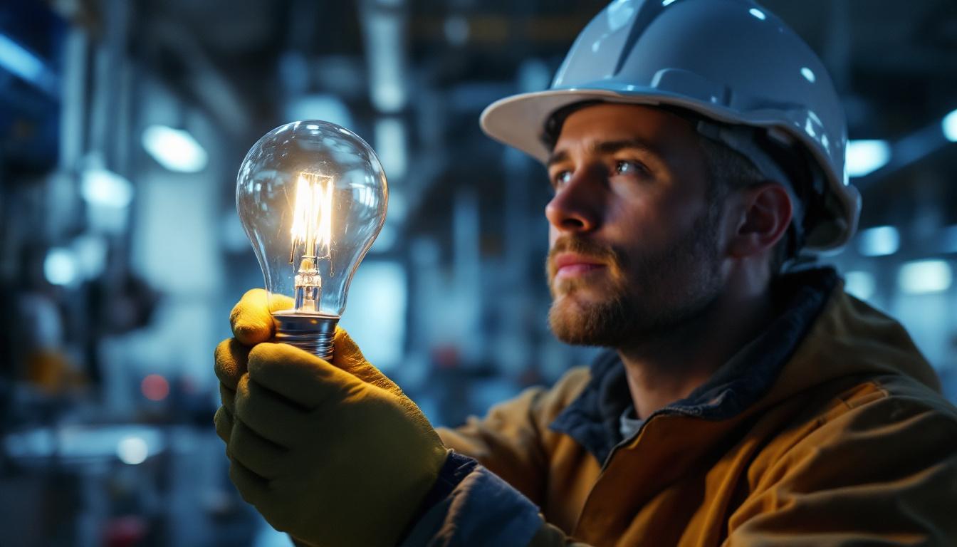 A photograph of a close-up shot of an f32 t8 bulb in a well-lit workspace