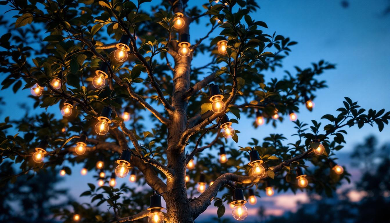 A photograph of a beautifully illuminated tree at dusk