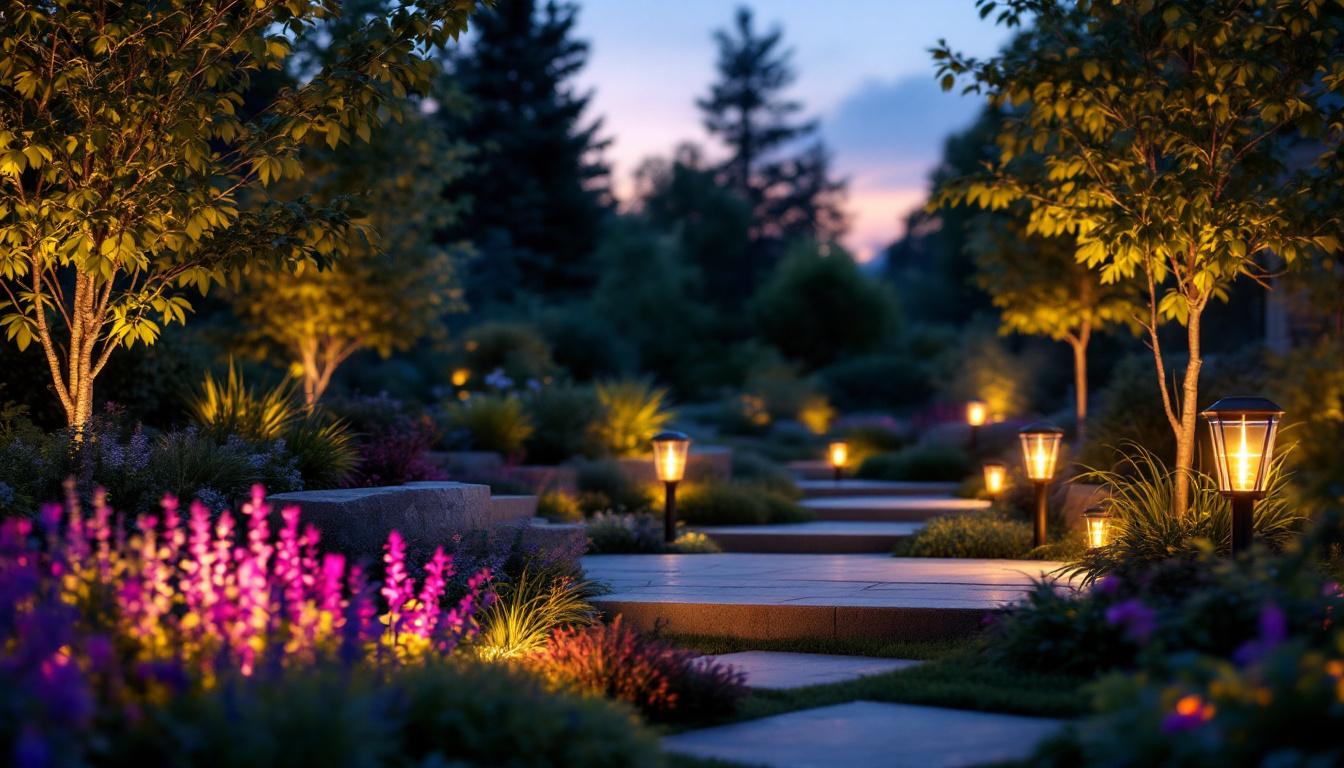 A photograph of a beautifully landscaped outdoor space illuminated by solar-powered lights at dusk